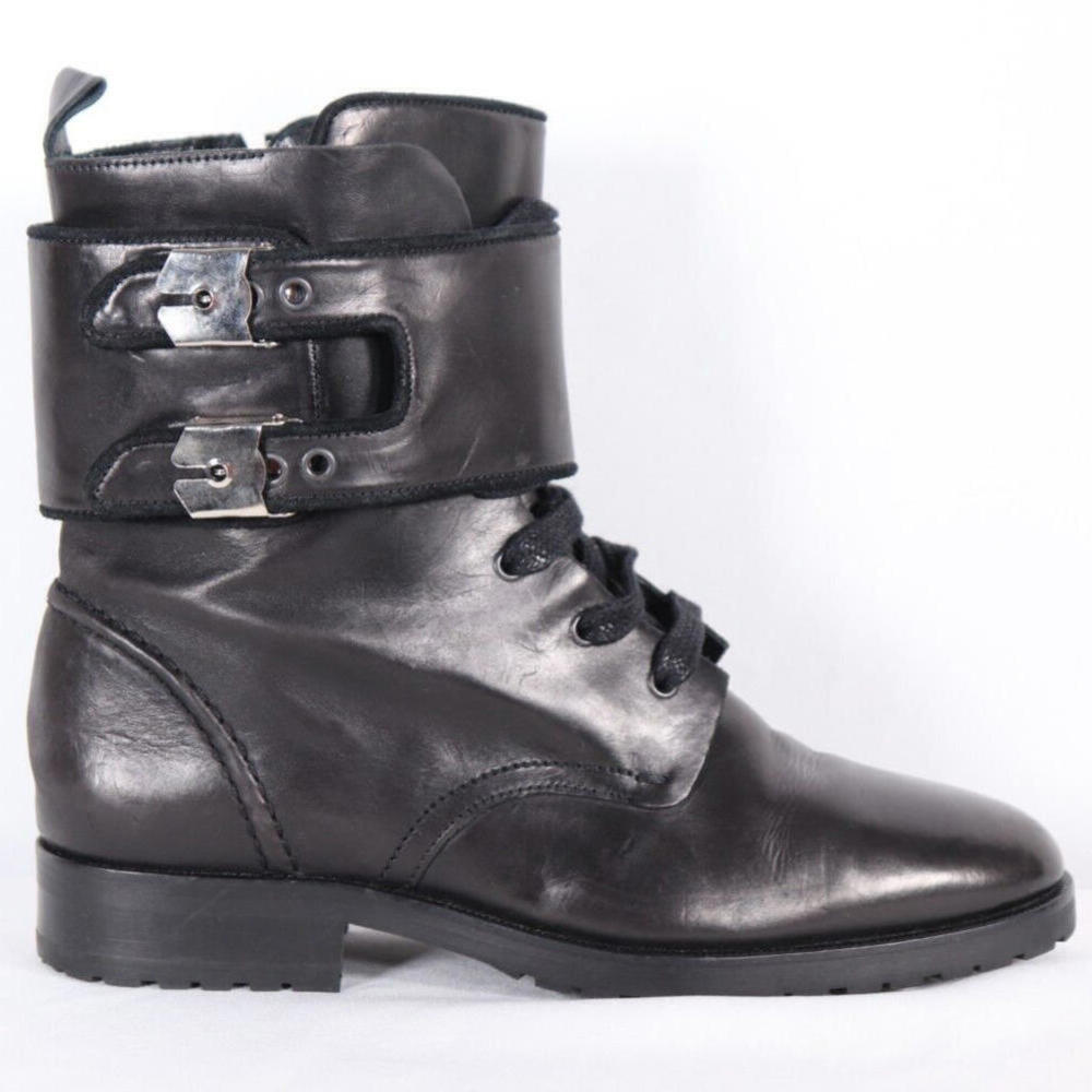 Iro Womens 8 Black Calf Leather Combat Lace Up Boots with Buckles